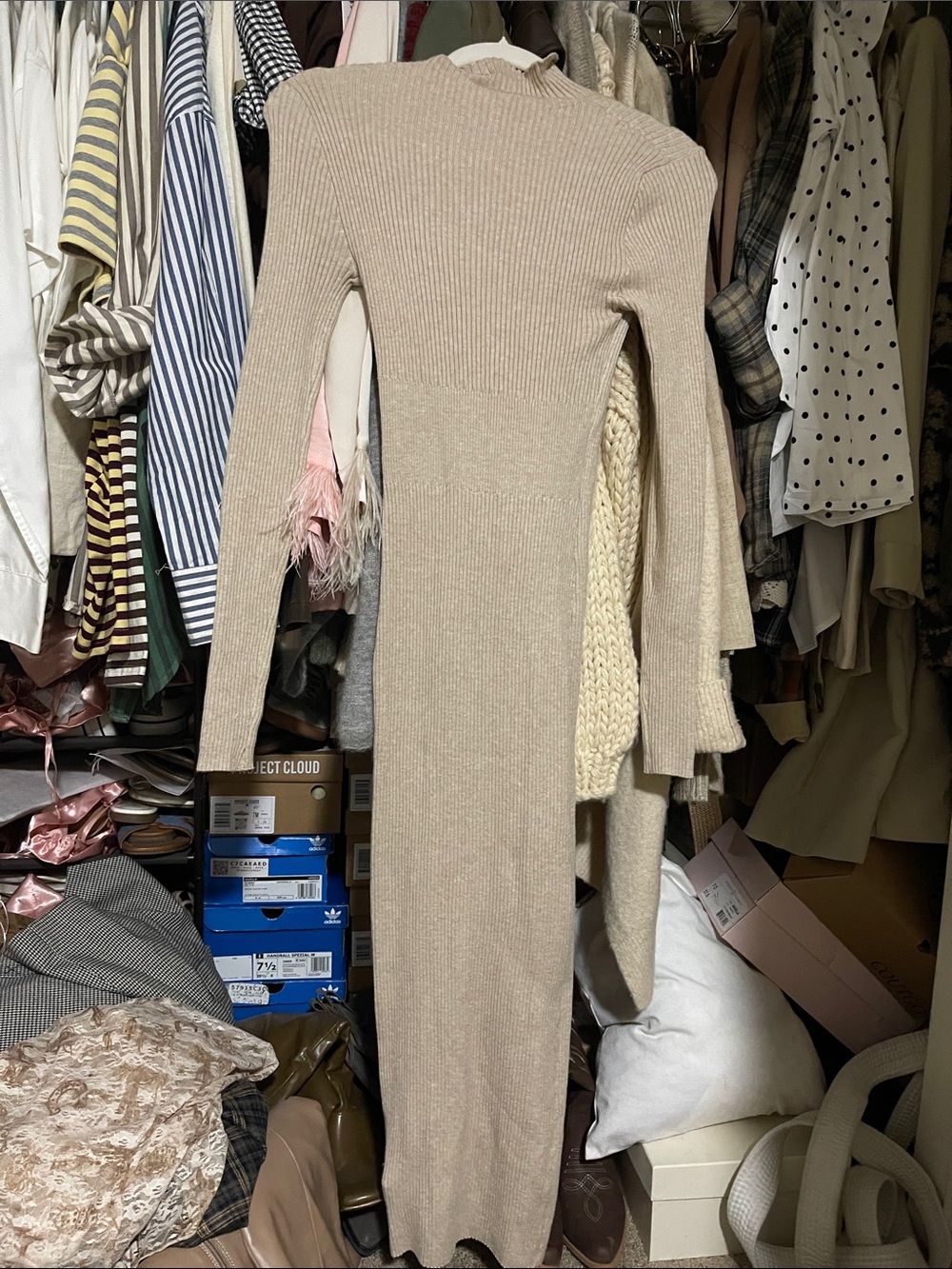 Beige Ribbed Long Sleeve Knit Dress - Women
